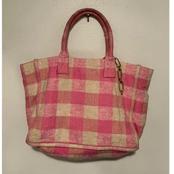 SANDRO Kasbah Gingham Pink & Cream Cotton Tote Bag w/ Gold Bag Charm - Picture 9 of 16